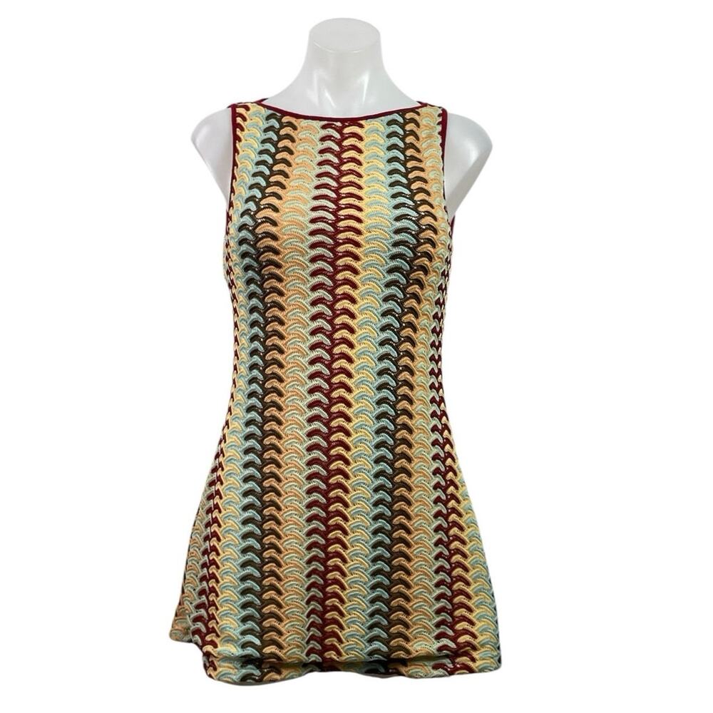 Women's Multicolor Crochet Knit Rainbow Sleeveless A Line Mini Dress Size S